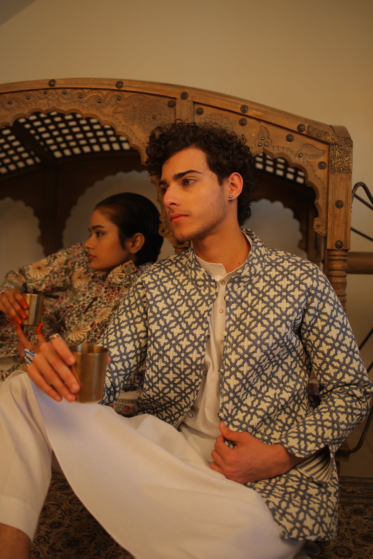 Block Printed Blue Color Jaal Quilted Jacket