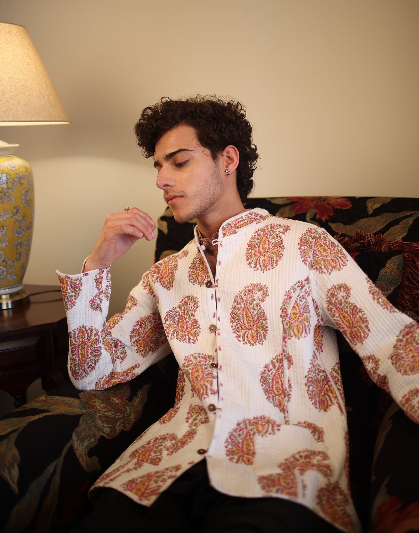 Block Printed Pink Paisley Buti Quilted Jacket