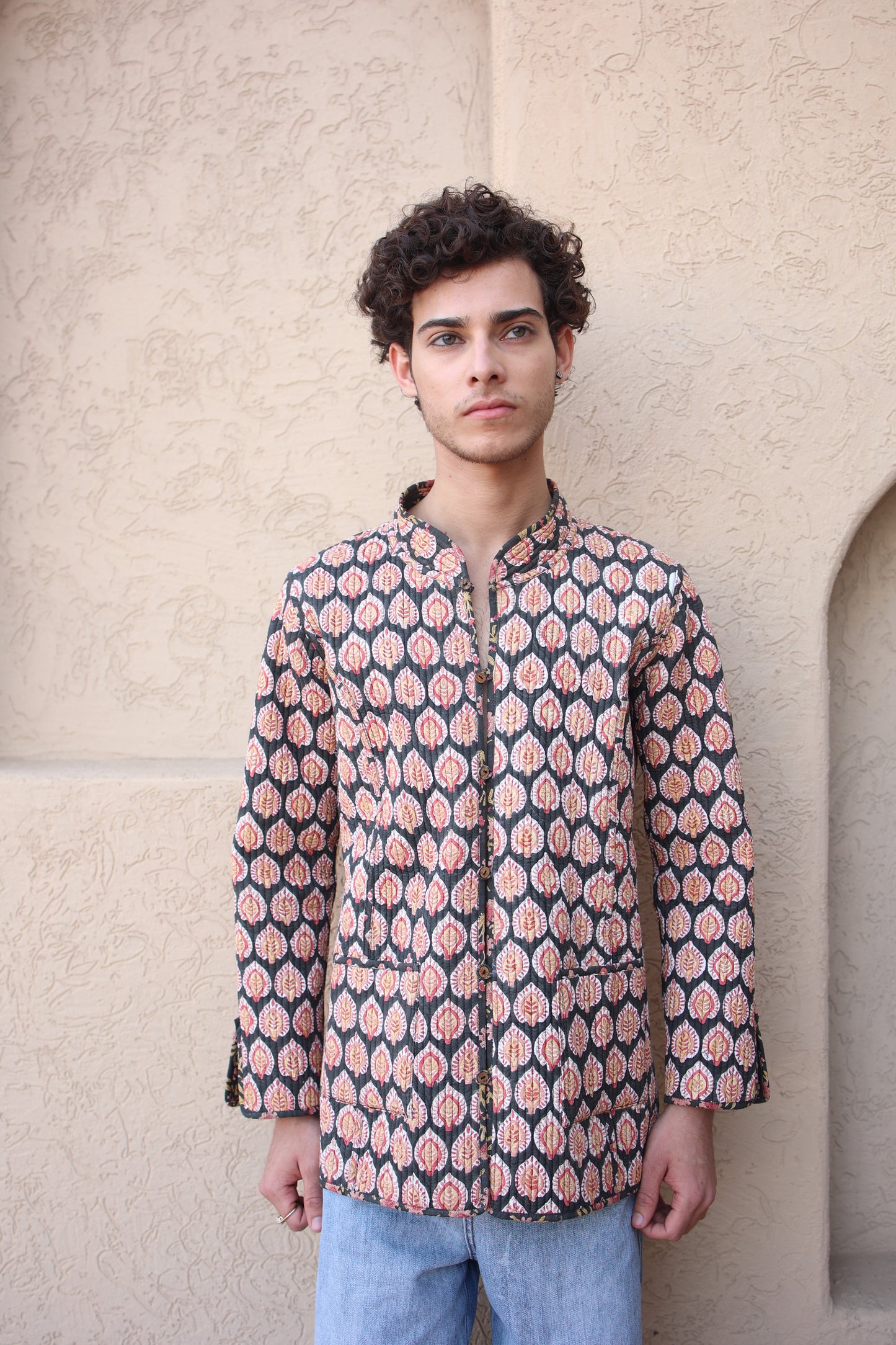 Block Printed Black Color Base Buti Quilted Jacket