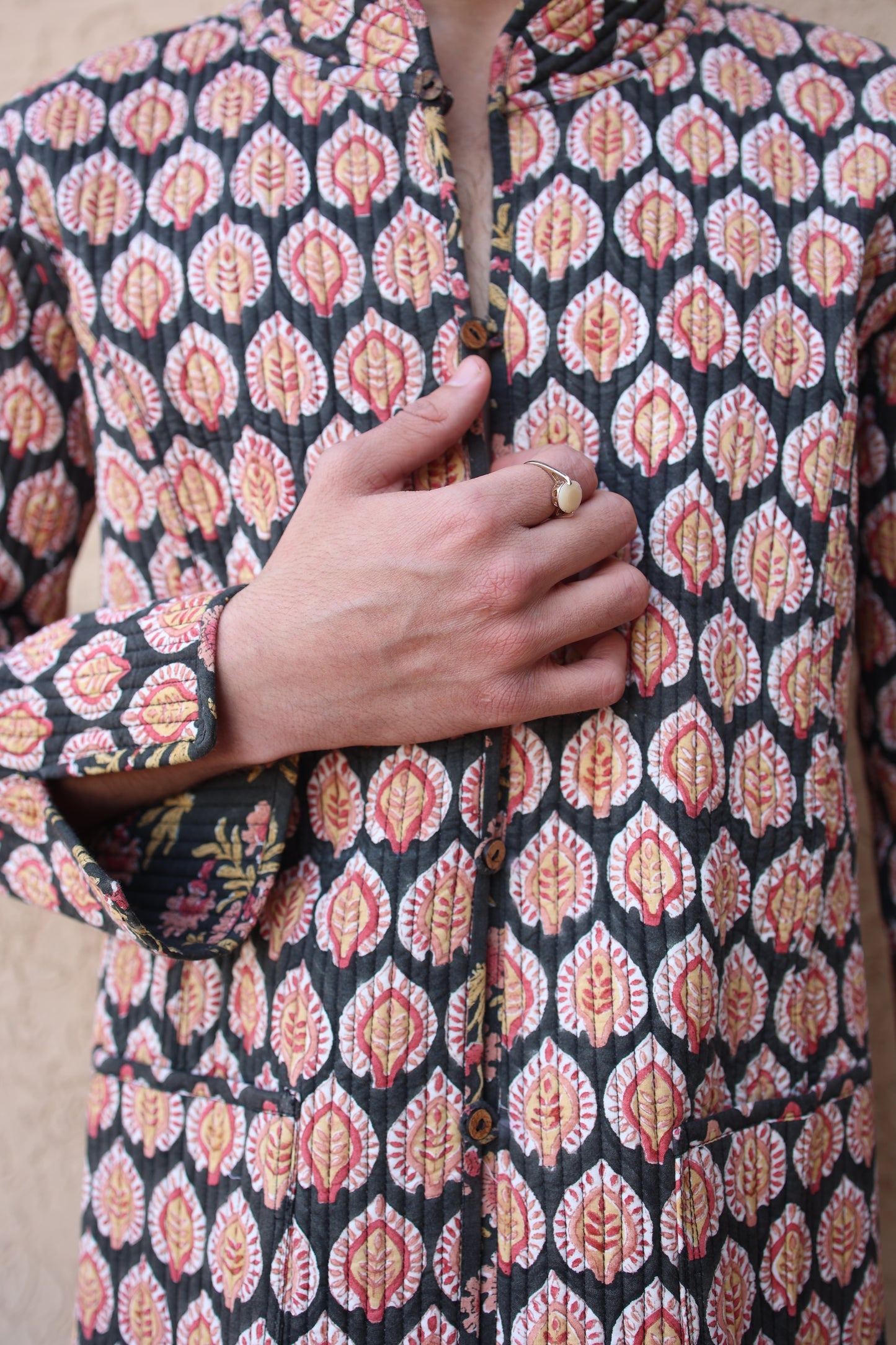 Block Printed Black Color Base Buti Quilted Jacket