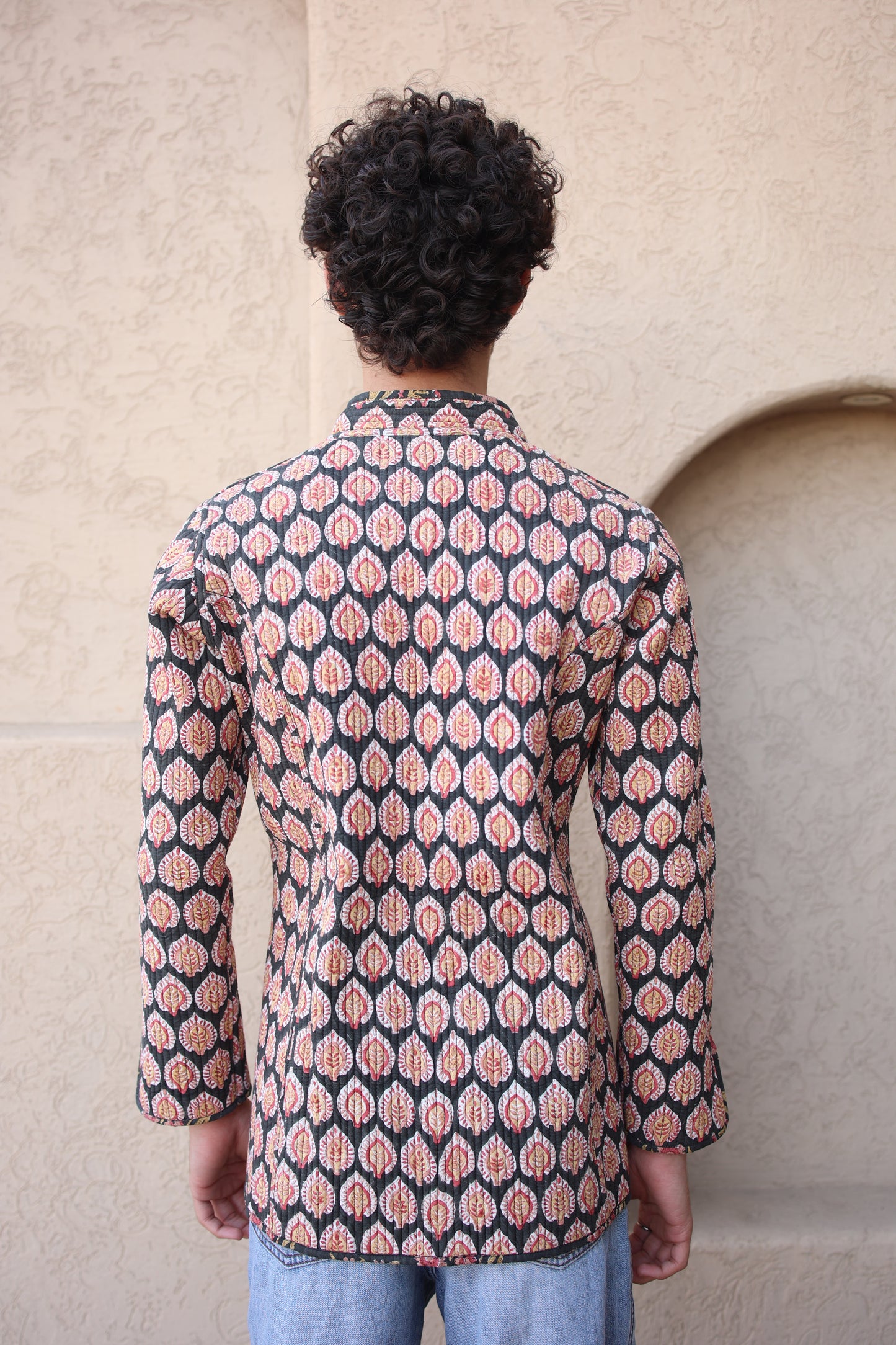 Block Printed Black Color Base Buti Quilted Jacket