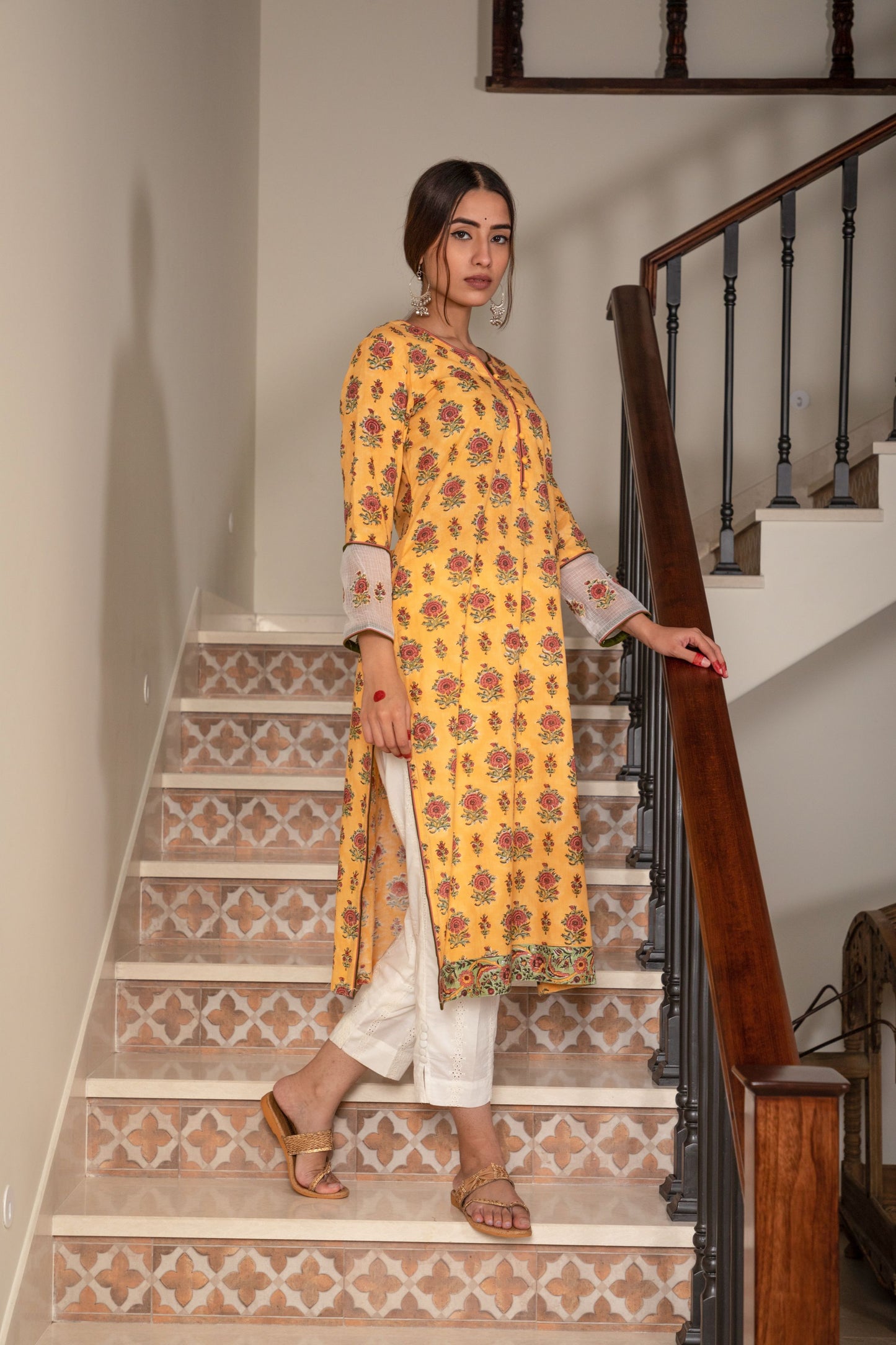 Yellow and Peach Floral Buti Kurta & Dupatta