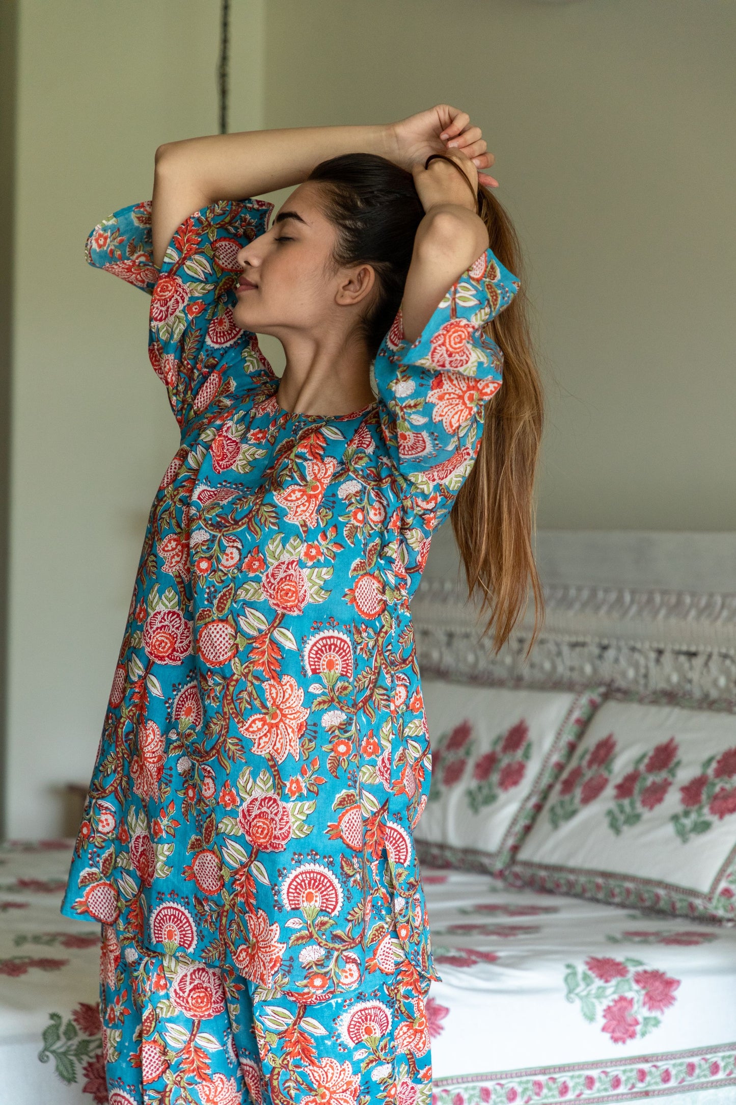 Teal Blue Floral Loungewear Kurta and Pyjama