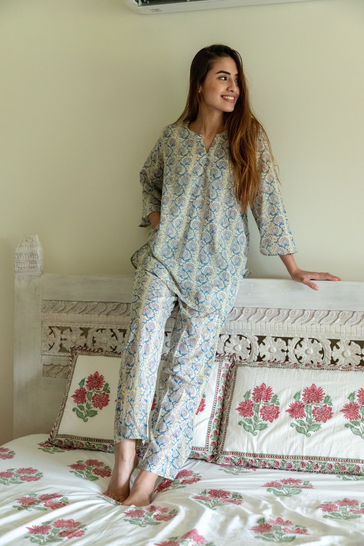 Yellow Floral Loungewear Kurta and Pyjama