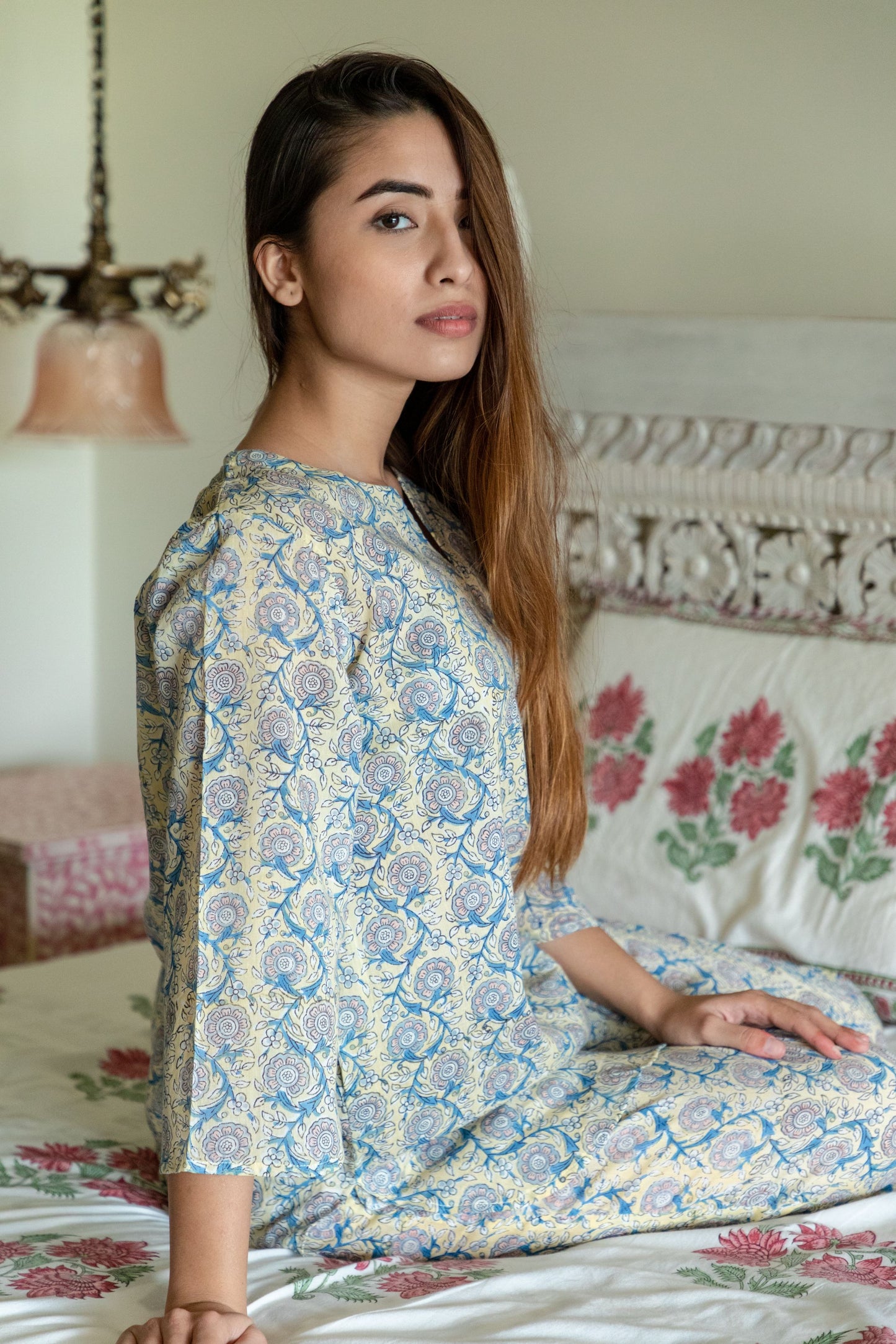 Yellow Floral Loungewear Kurta and Pyjama
