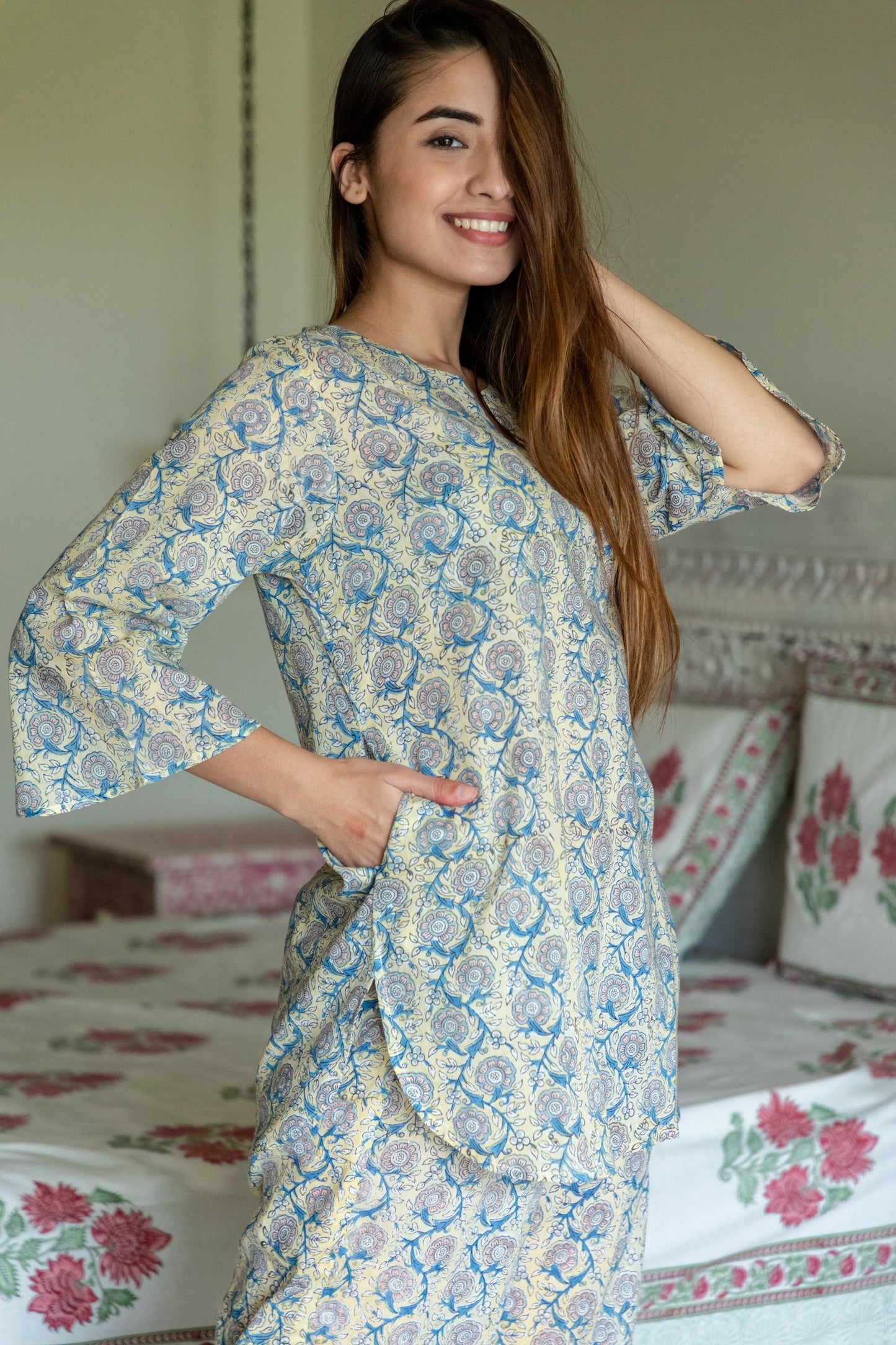Yellow Floral Loungewear Kurta and Pyjama