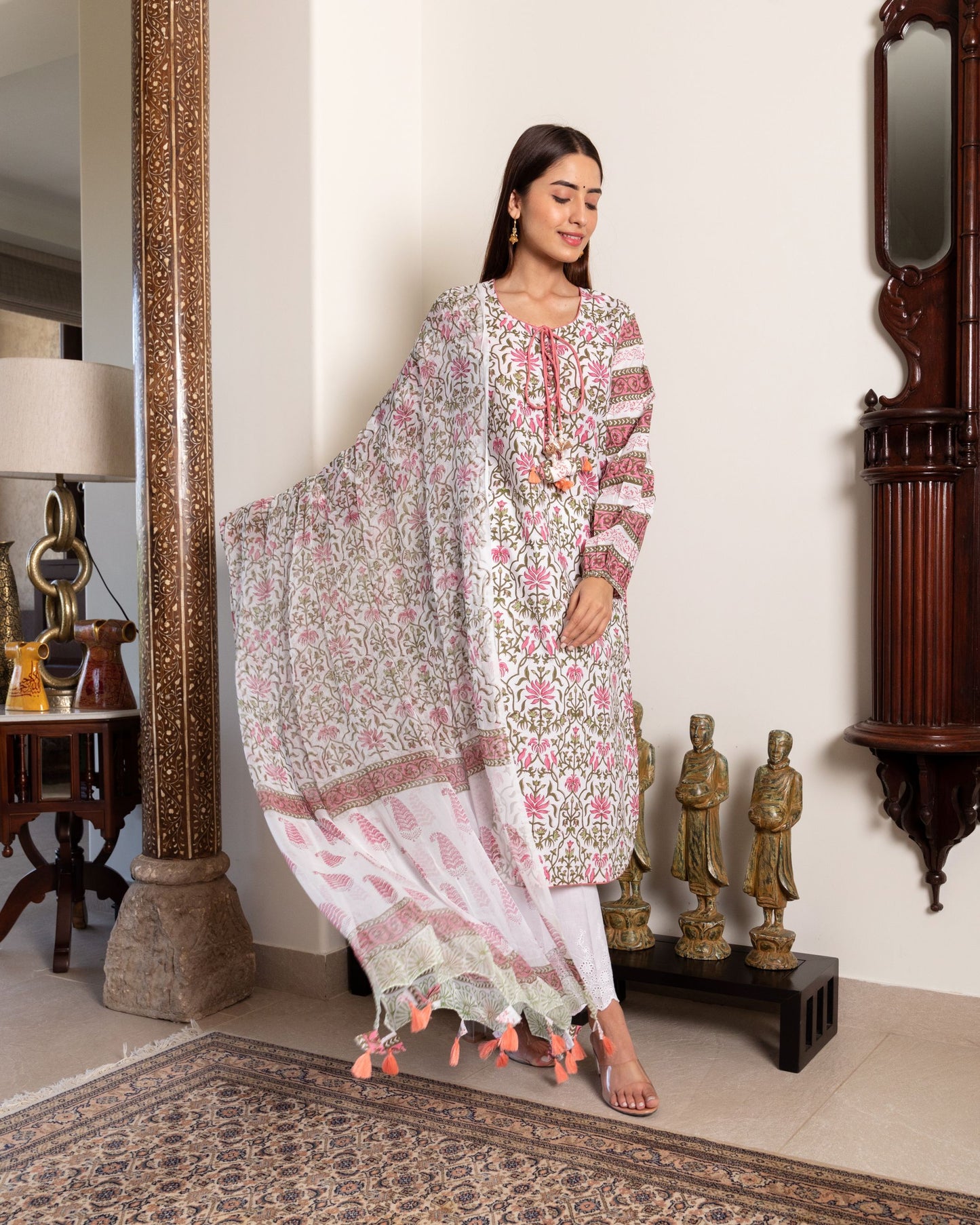 Bird and Floral Jaal Block Print Garden Kurta & Dupatta