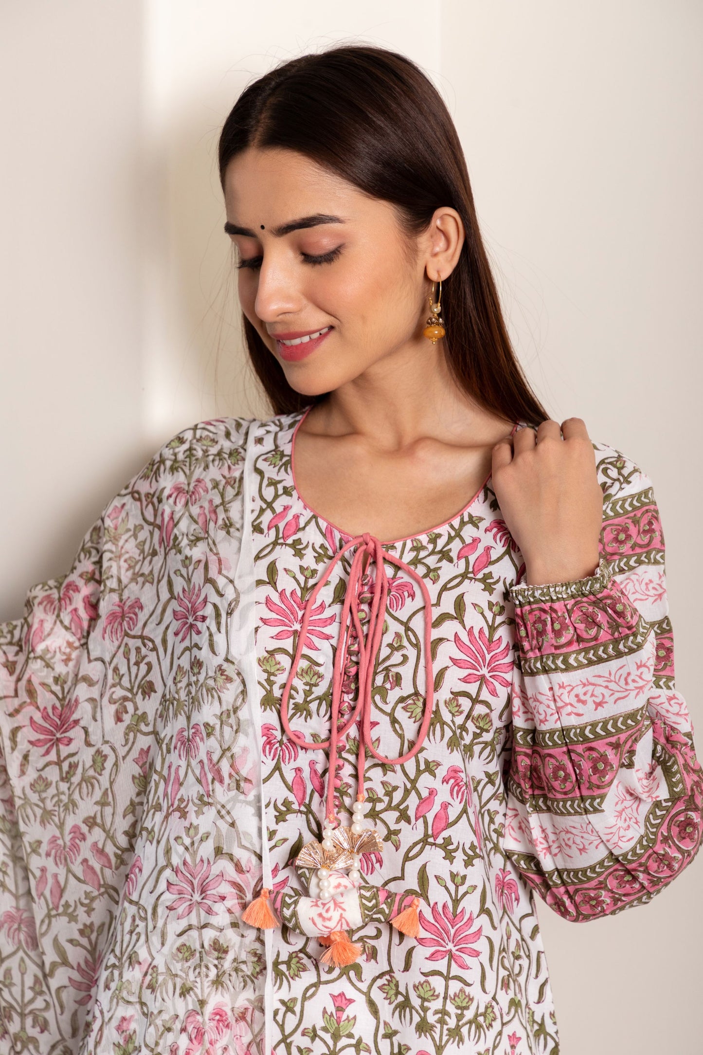 Bird and Floral Jaal Block Print Garden Kurta & Dupatta