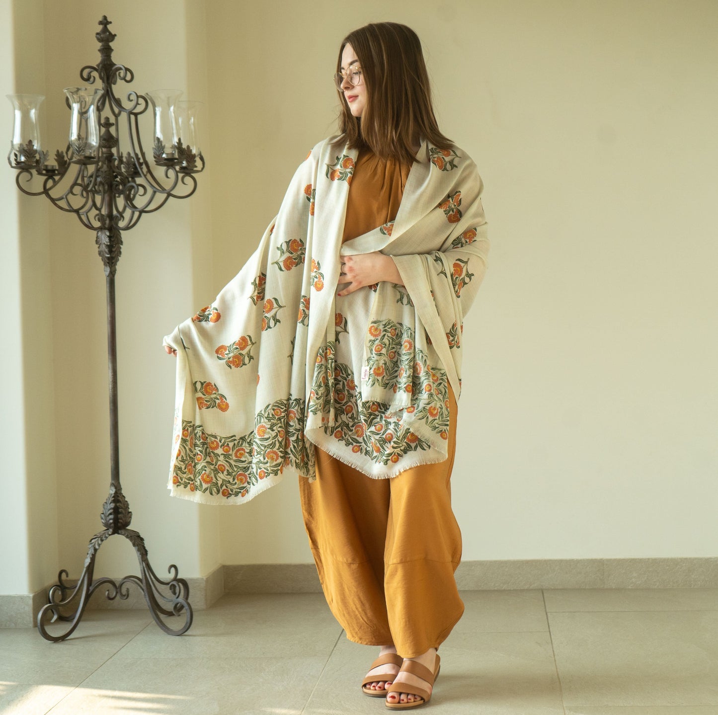 Hand Block Printed Pista Green Base Woolen Shawl