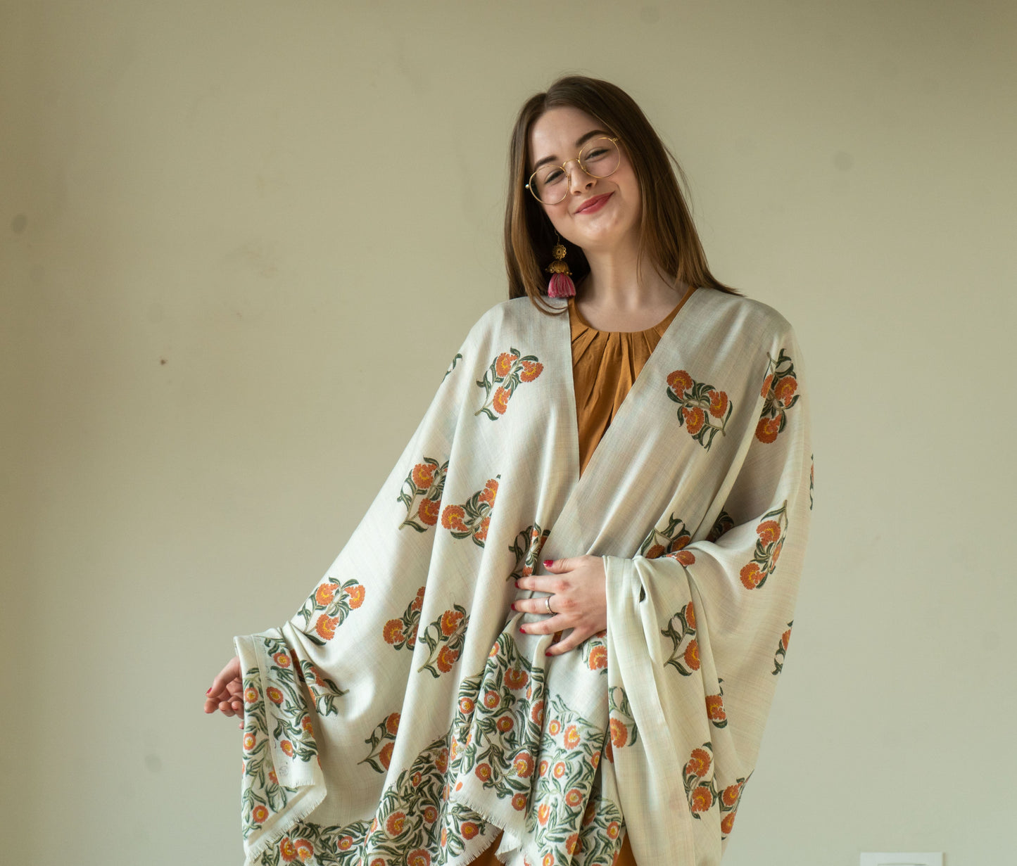 Hand Block Printed Pista Green Base Woolen Shawl
