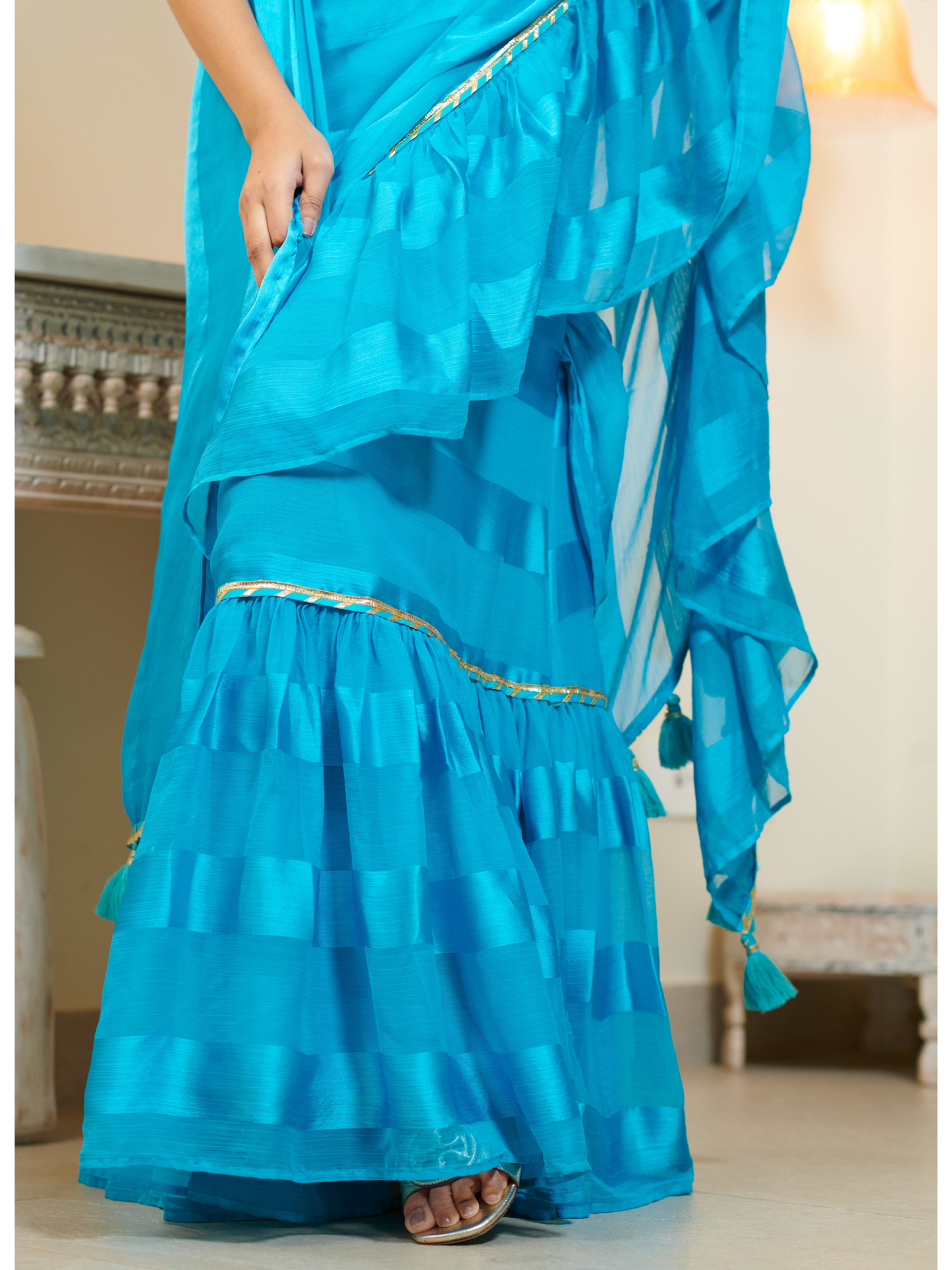 Imported Sky Blue Georgette and Silk Striped Ruffle Saree