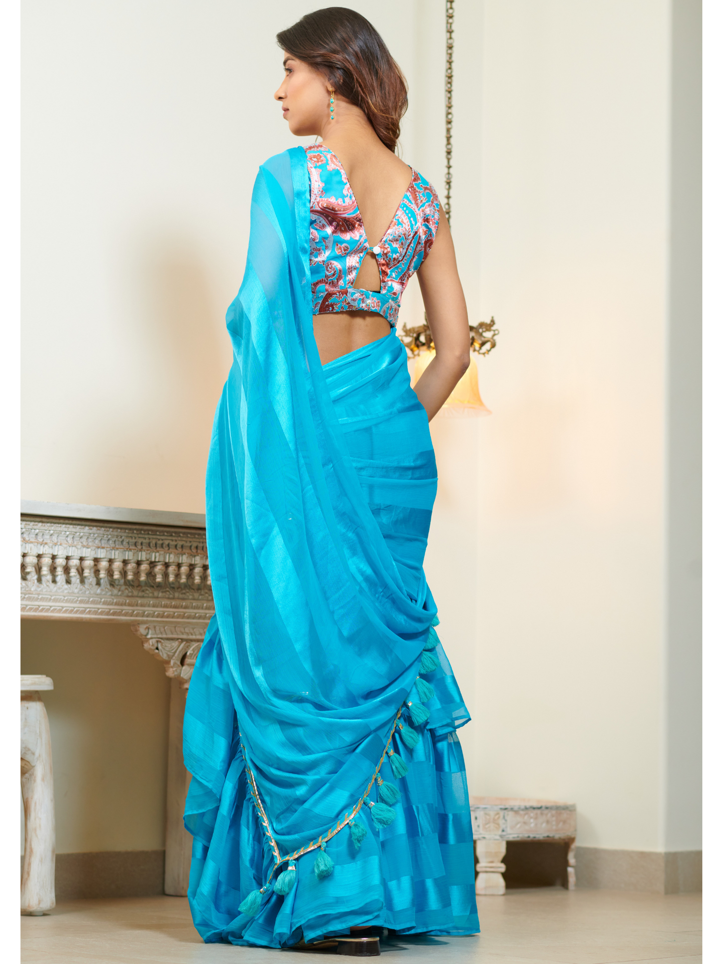 Imported Sky Blue Georgette and Silk Striped Ruffle Saree
