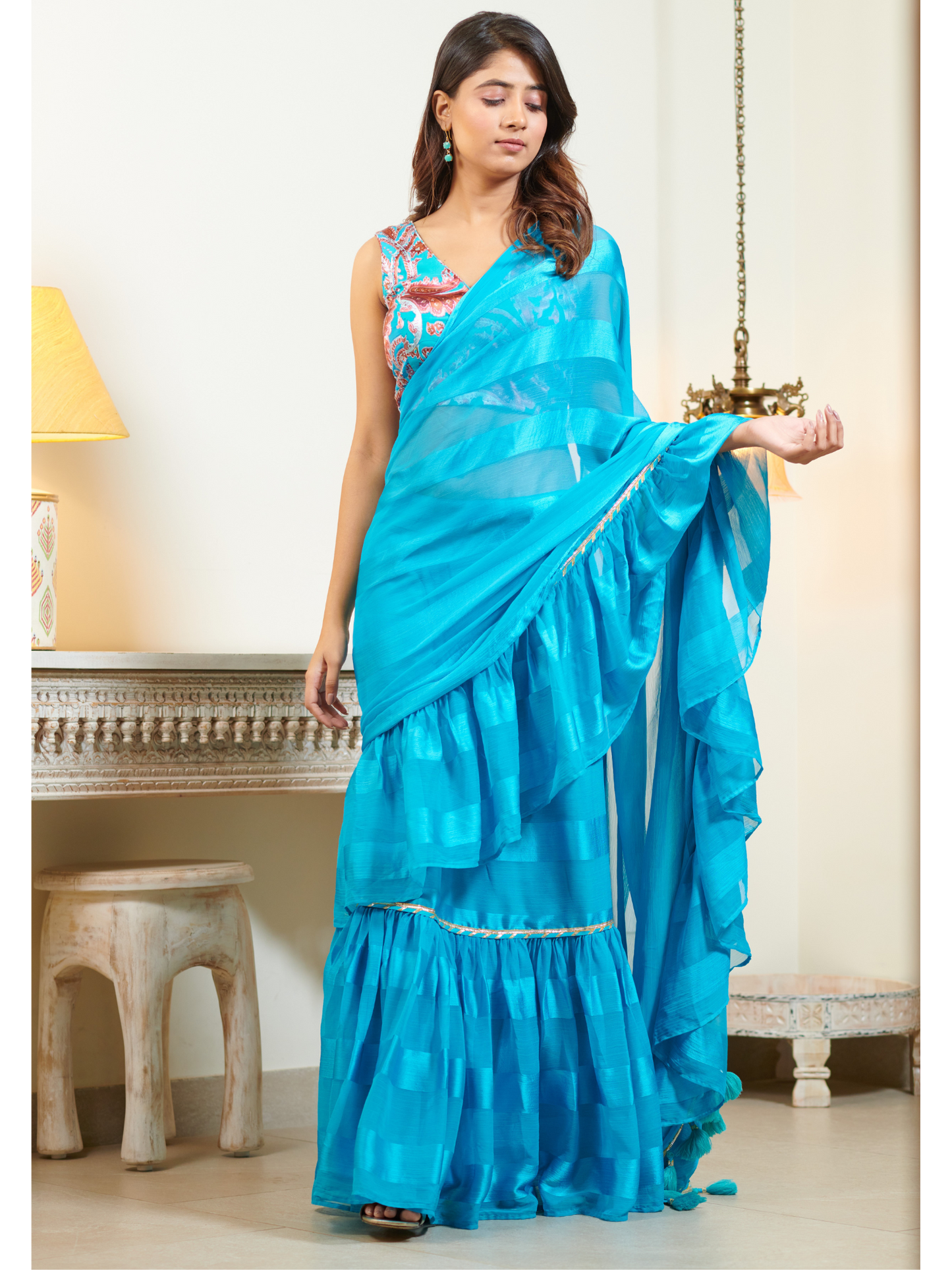 Imported Sky Blue Georgette and Silk Striped Ruffle Saree