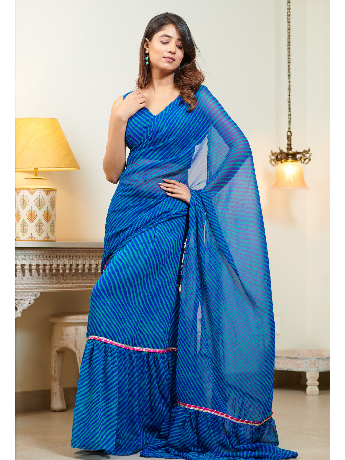 Rutvi Blue Lehriya Pre Draped Ruffle Saree