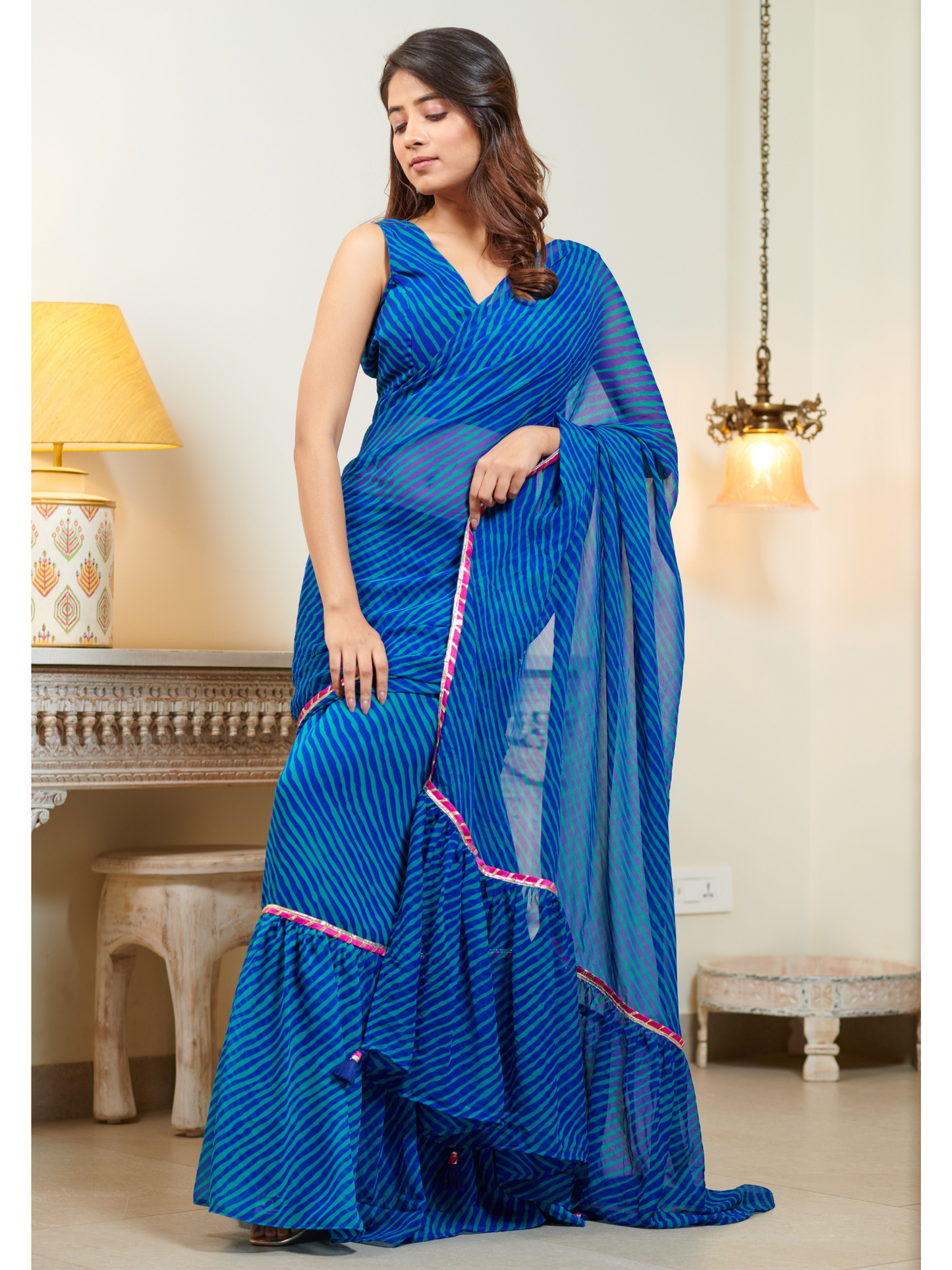 Rutvi Blue Lehriya Pre Draped Ruffle Saree