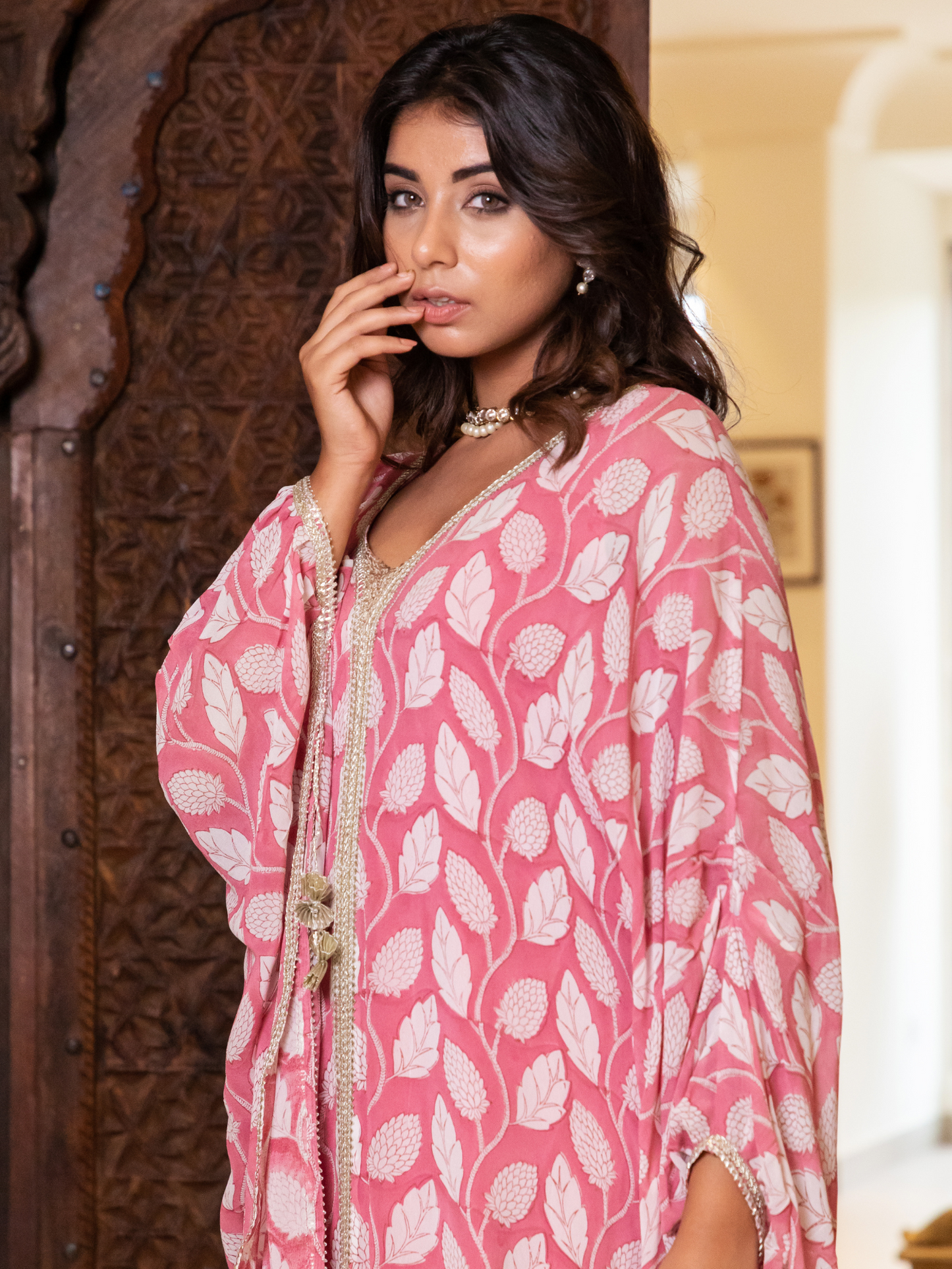 Pink Leaf Floral Hand Block Printed Kaftan
