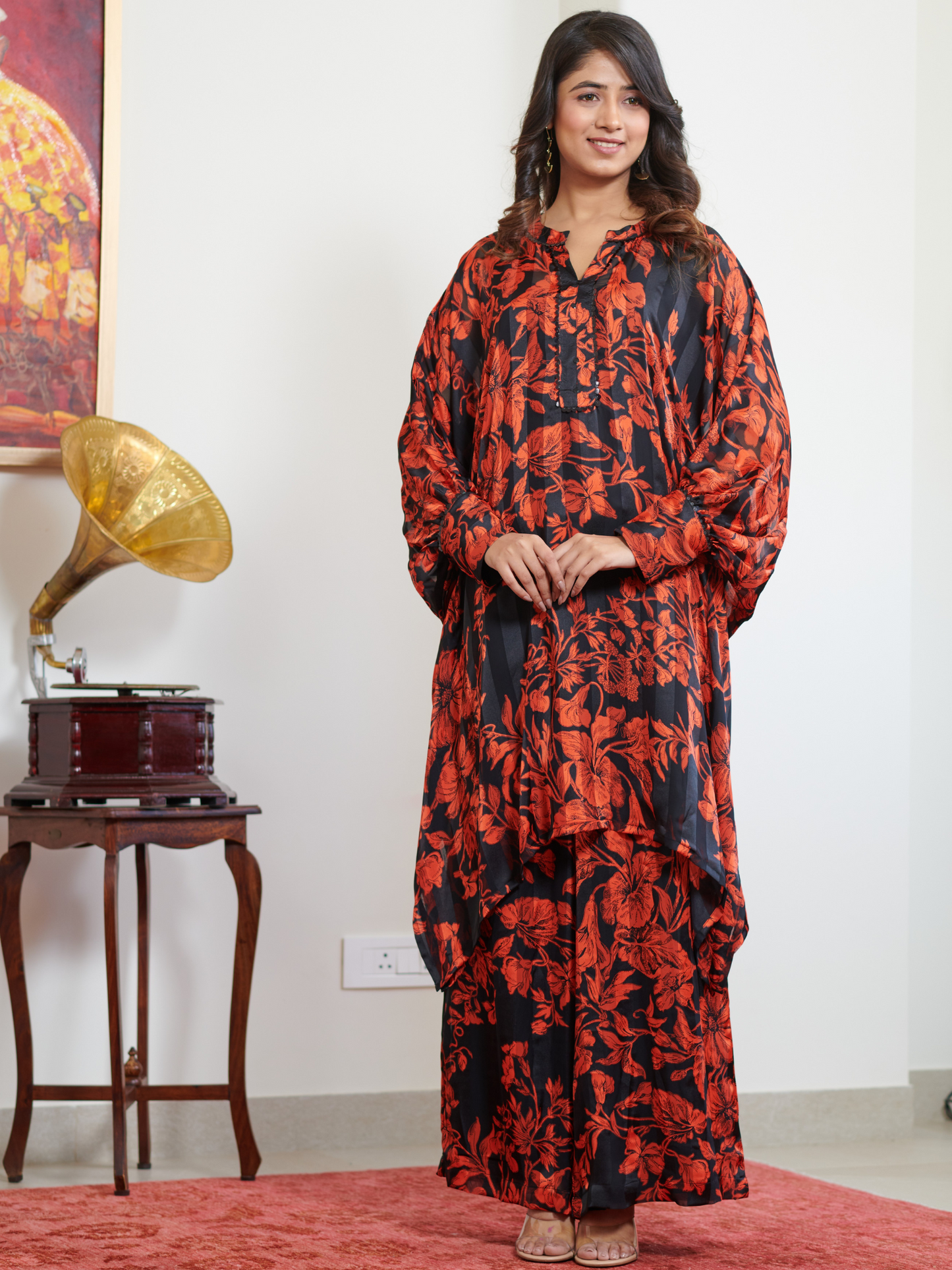 Trisha Georgette and Silk Striped Floral Cord Set