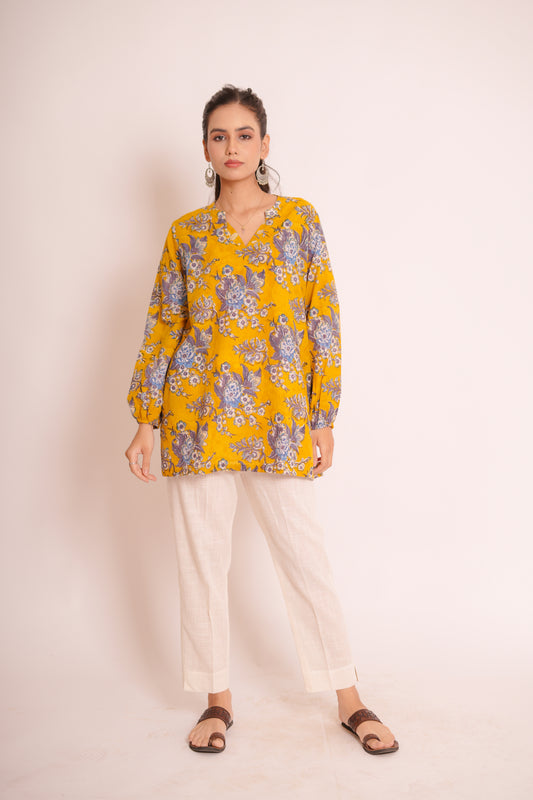 Sajal Yellow Floral Jaal Puff Sleeves Top