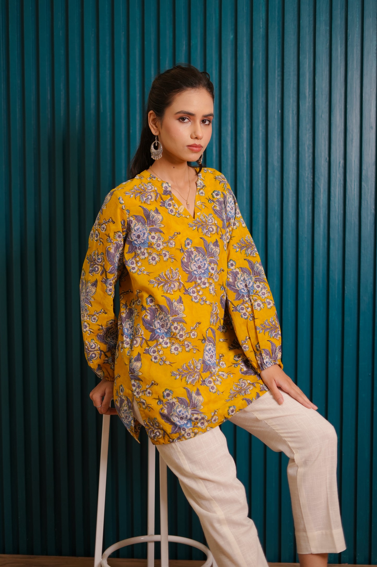 Sajal Yellow Floral Jaal Puff Sleeves Top