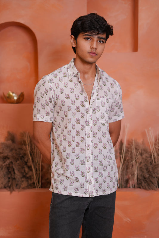 Pink Hand Block Printed Buti Shirt