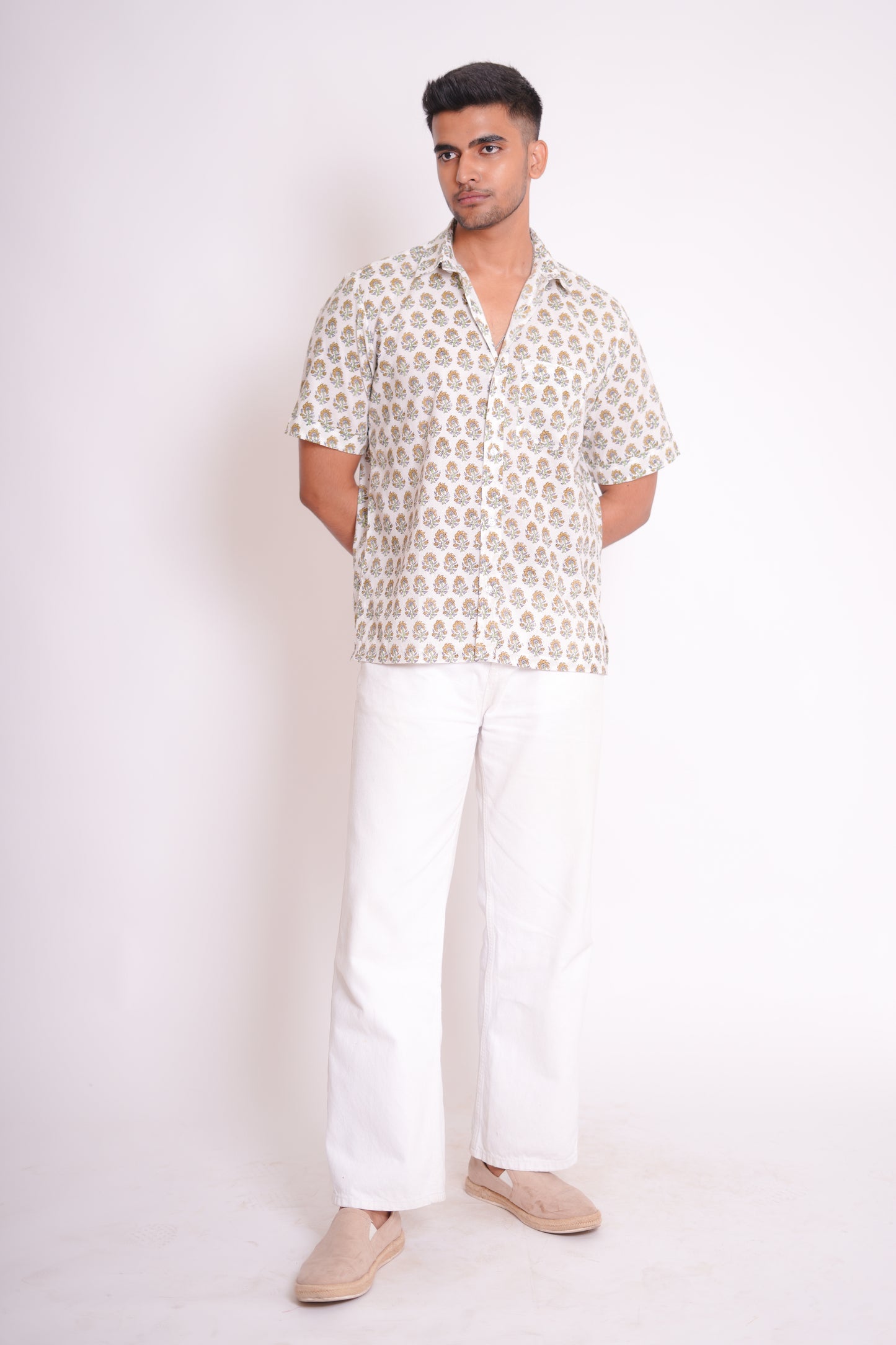 Yellow Saffron Hand Block Printed Buti Shirt