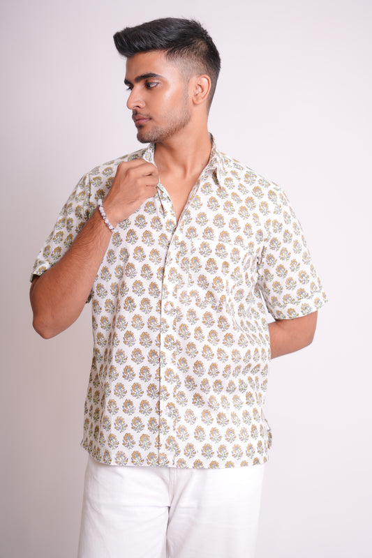 Yellow Saffron Hand Block Printed Buti Shirt