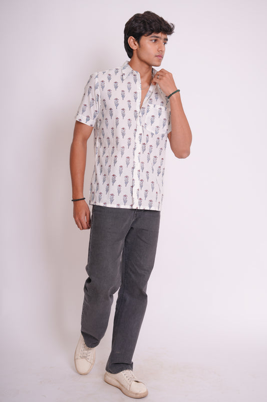 Hand Block Printed Red & Sky Buti Shirt