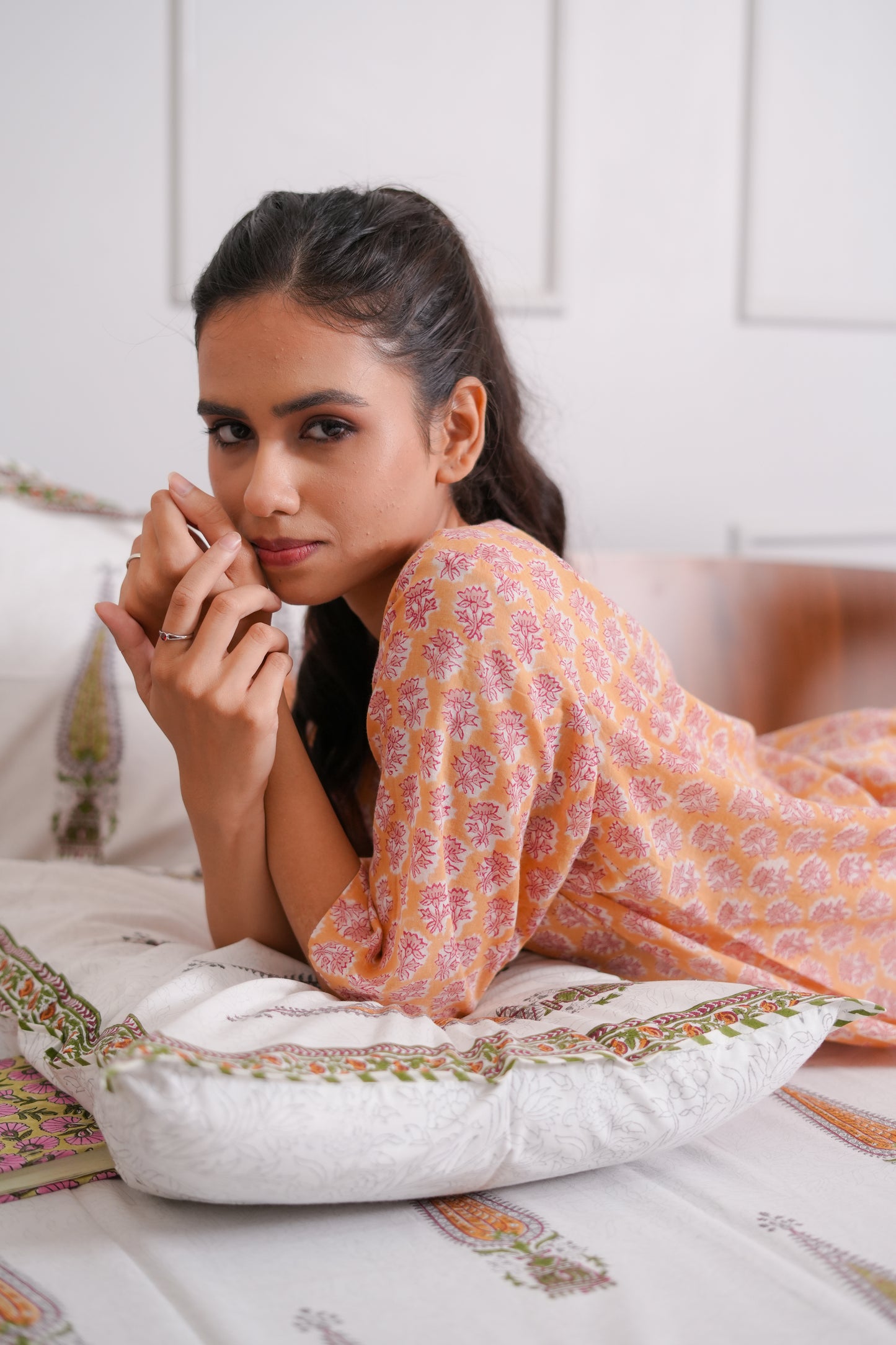 Takshika Pastel Peach Buti Hand Block-Printed Cotton Loungewear Set