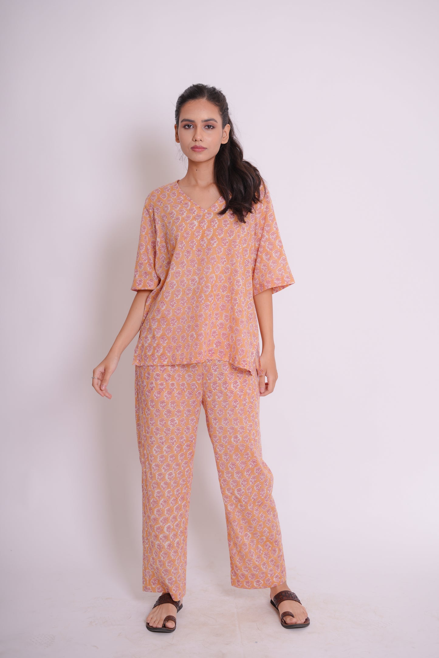 Takshika Pastel Peach Buti Hand Block-Printed Cotton Loungewear Set