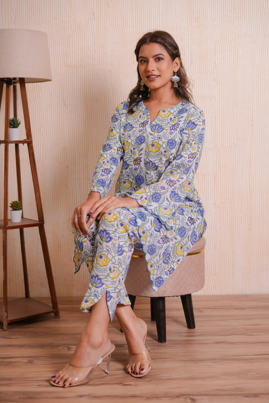 Raya Blue Floral Hand Block-Printed Cotton Scaleup Embroidered Co-ord Set