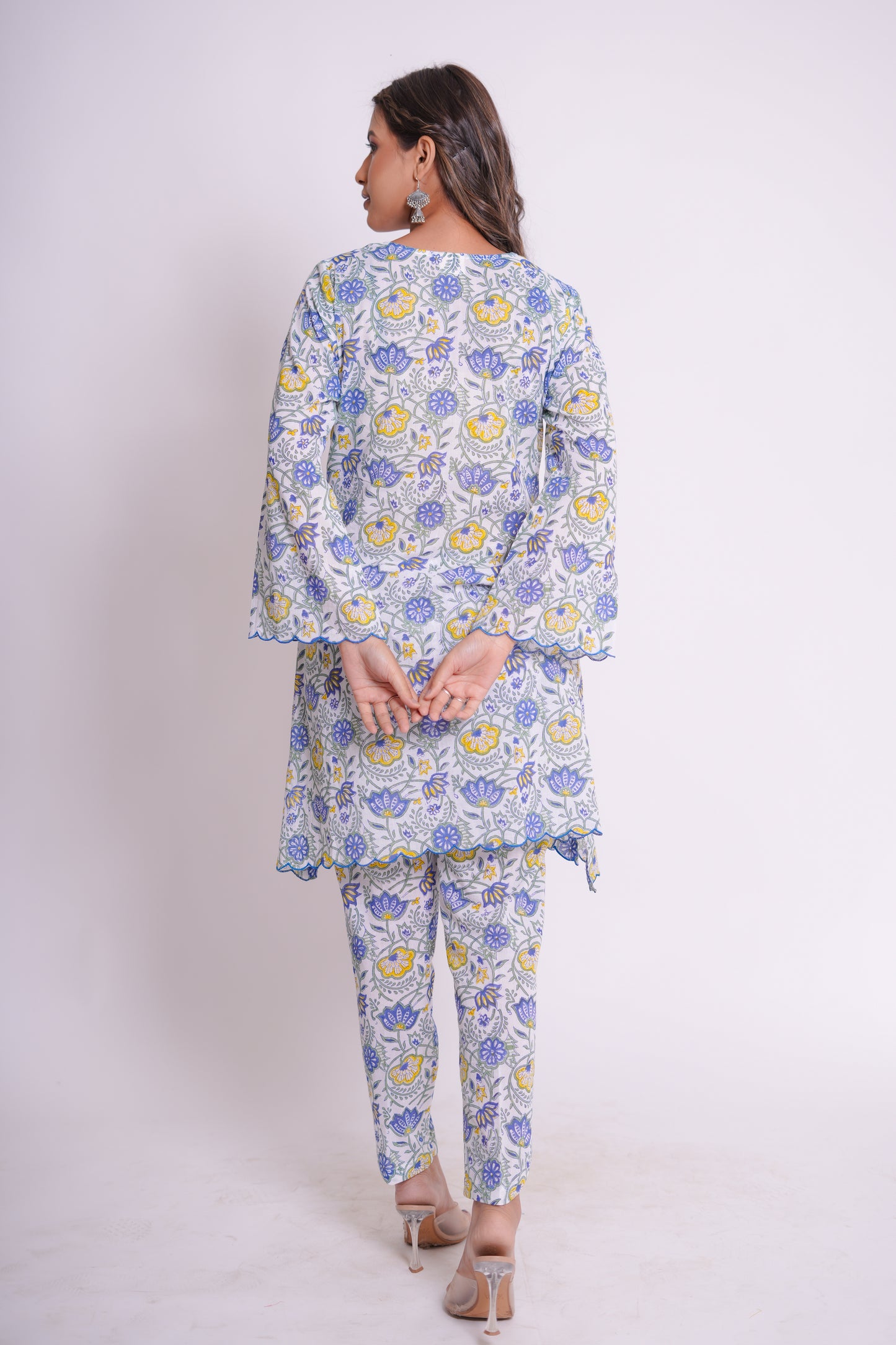 Raya Blue Floral Hand Block-Printed Cotton Scaleup Embroidered Co-ord Set
