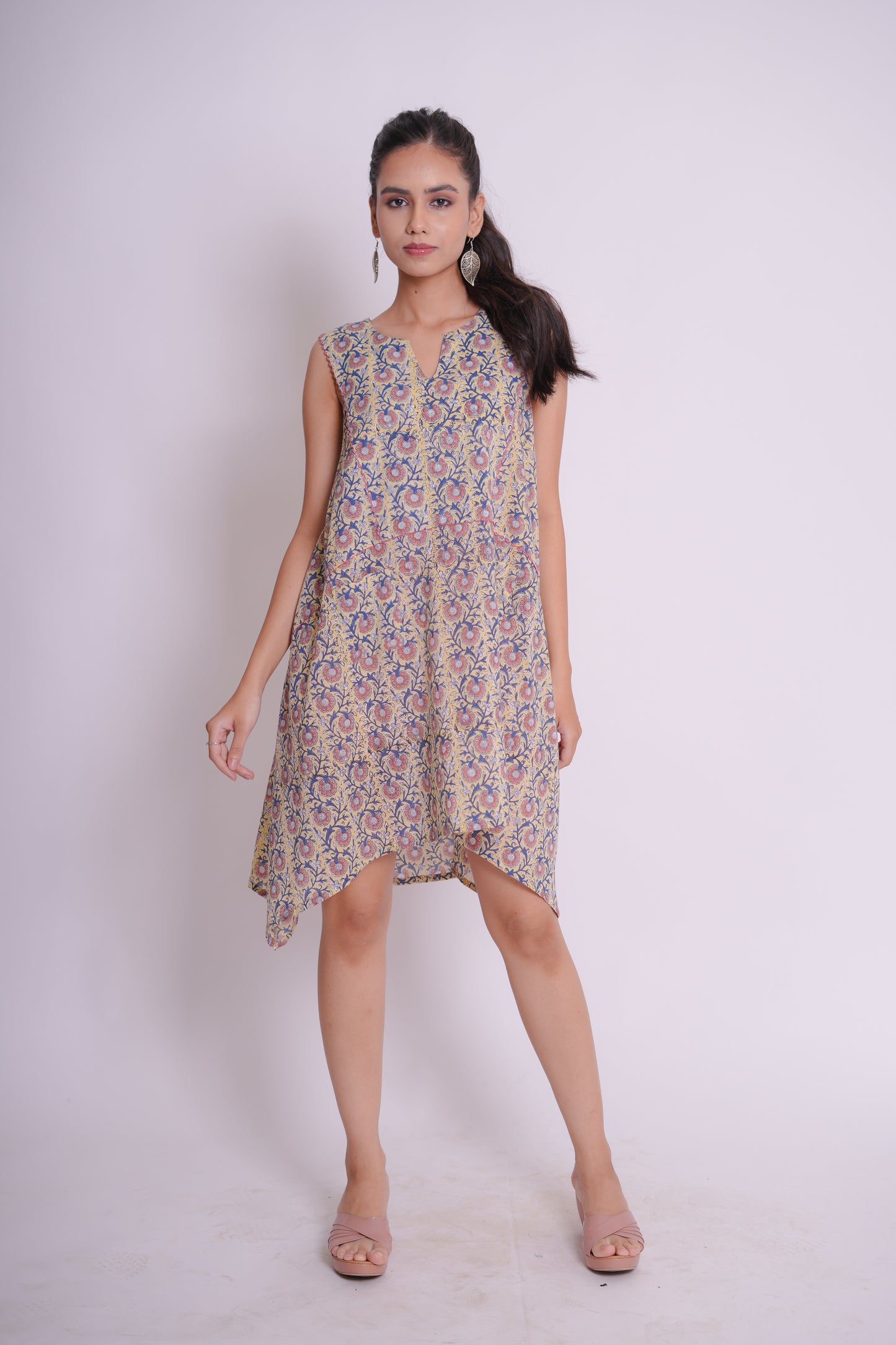Ojas Yellow Hand Block-Printed Floral Jaal Sleeveless Top