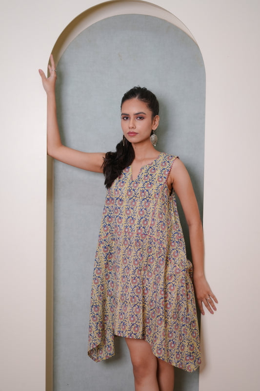 Ojas Yellow Hand Block-Printed Floral Jaal Sleeveless Top