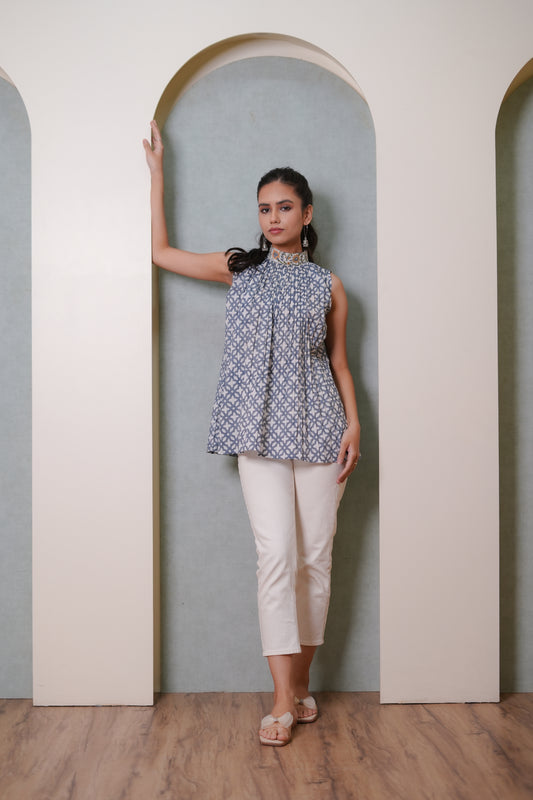 Urooj Blue Jaal Hand Block-Printed Turtleneck Sleeveless Crop Top