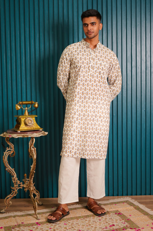 Blue Gladiolus Hand Block Printed Buti Kurta Set