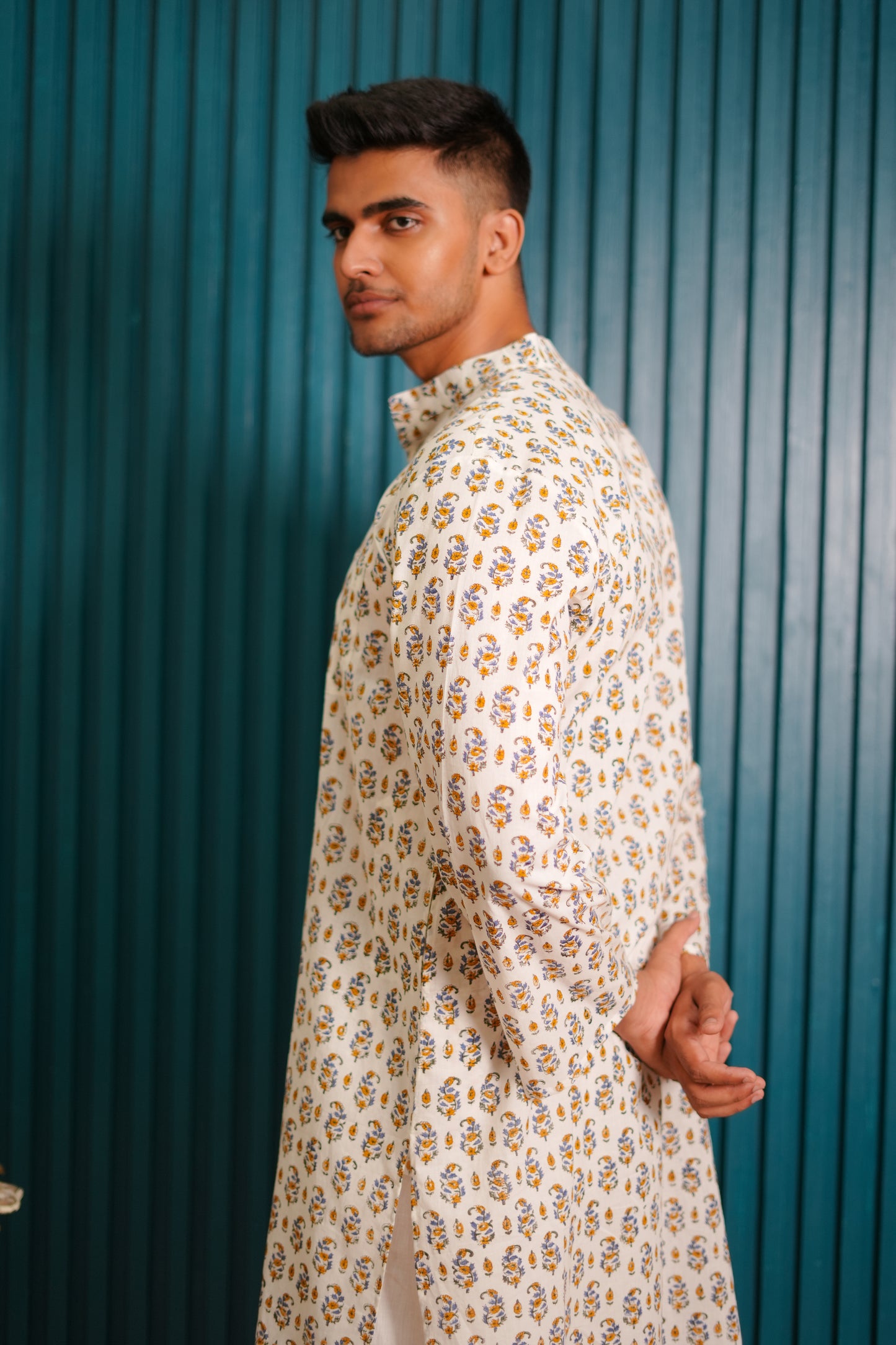 Blue Gladiolus Hand Block Printed Buti Kurta Set