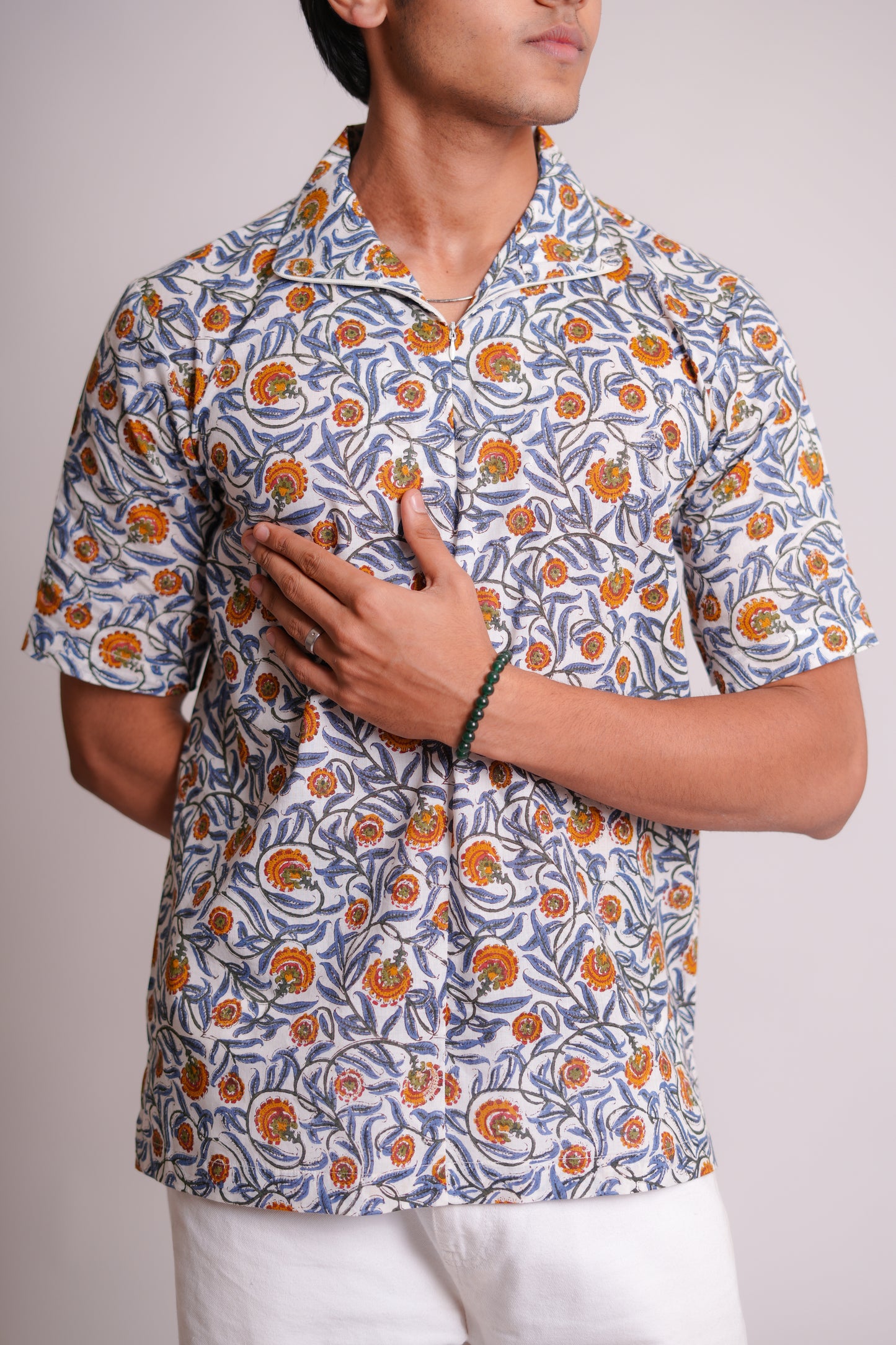 Raunak Blue Jaal Hand Block Printed Shirt