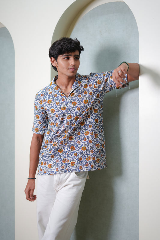Raunak Blue Jaal Hand Block Printed Shirt
