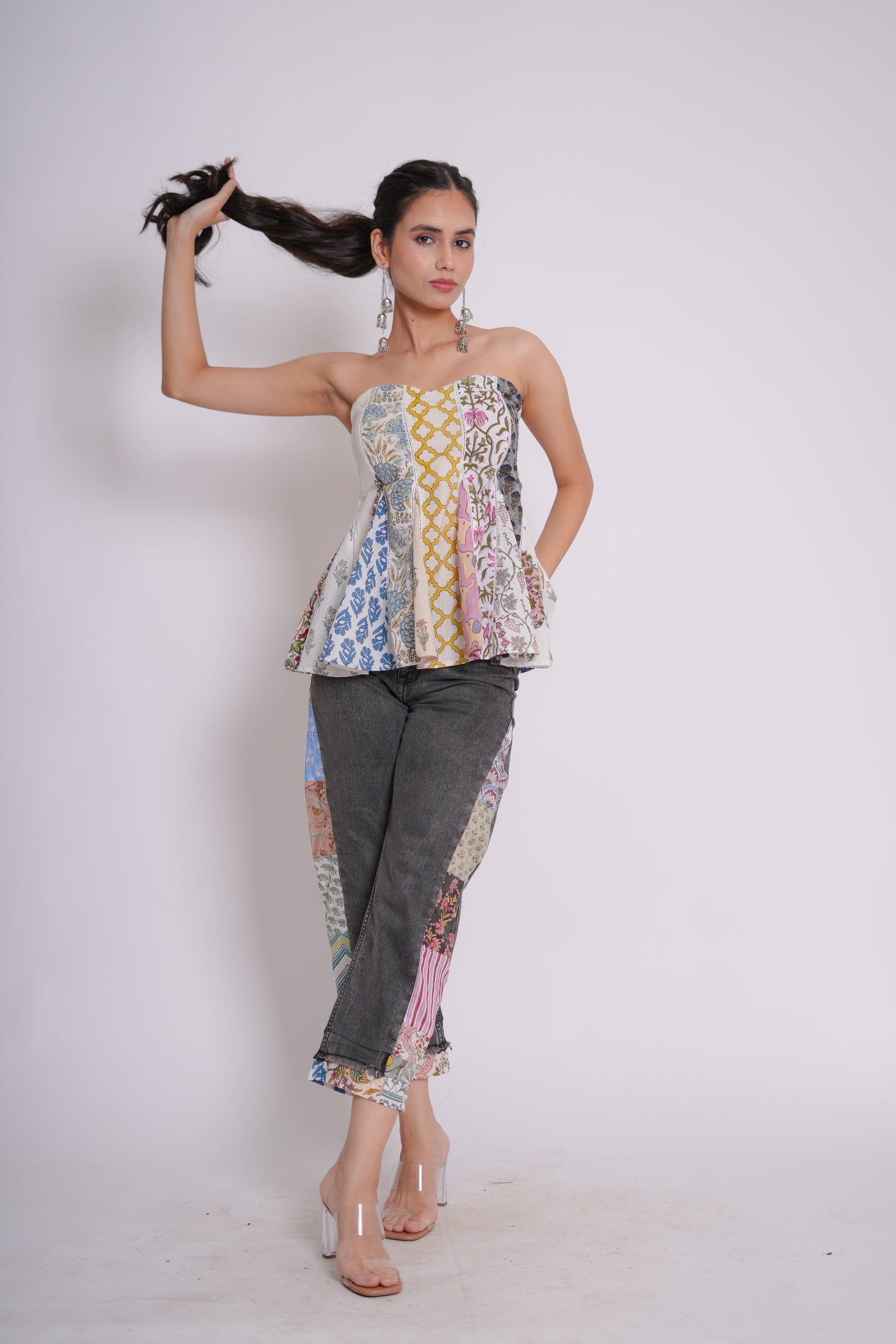 Prisha Hand Block Printed Patch Worked Flared Top