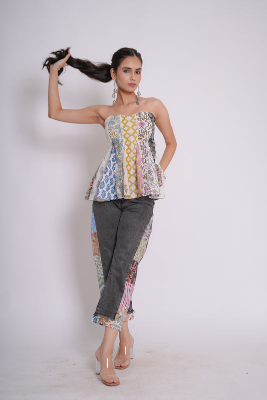 Prisha Hand Block Printed Patch Worked Flared Top