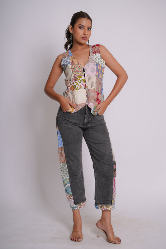 Jivika Hand Block Printed Patch Worked Waist Coat