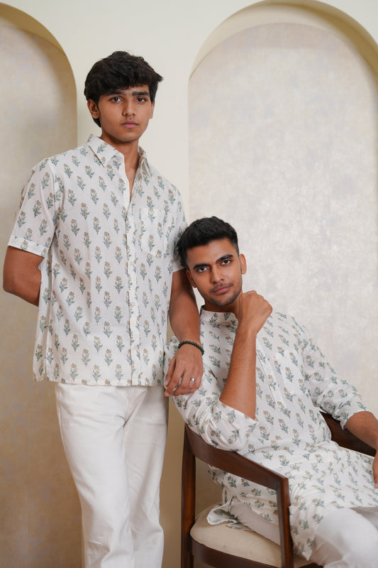 Yellow Saffron Hand Block Printed Buti Shirt