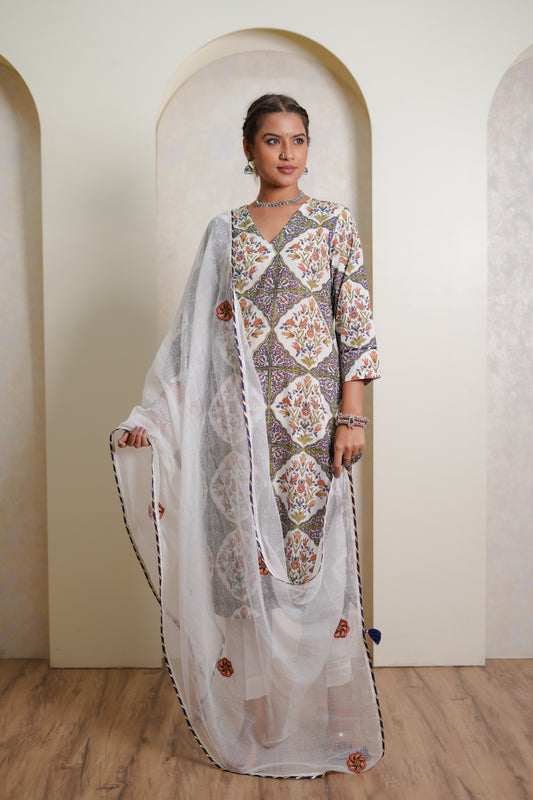 Aabroo Mughal Jaal Hand Block-Printed Cotton Kurta Set