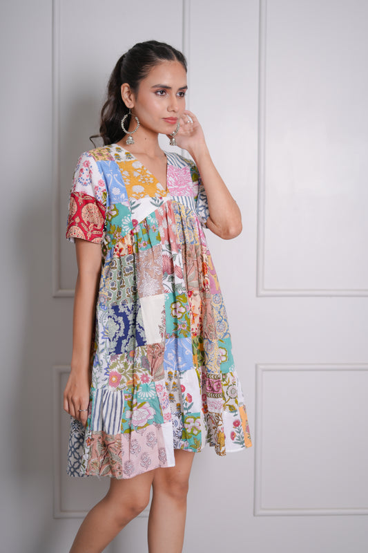 Ravya Hand Block Printed Patch Worked Dress
