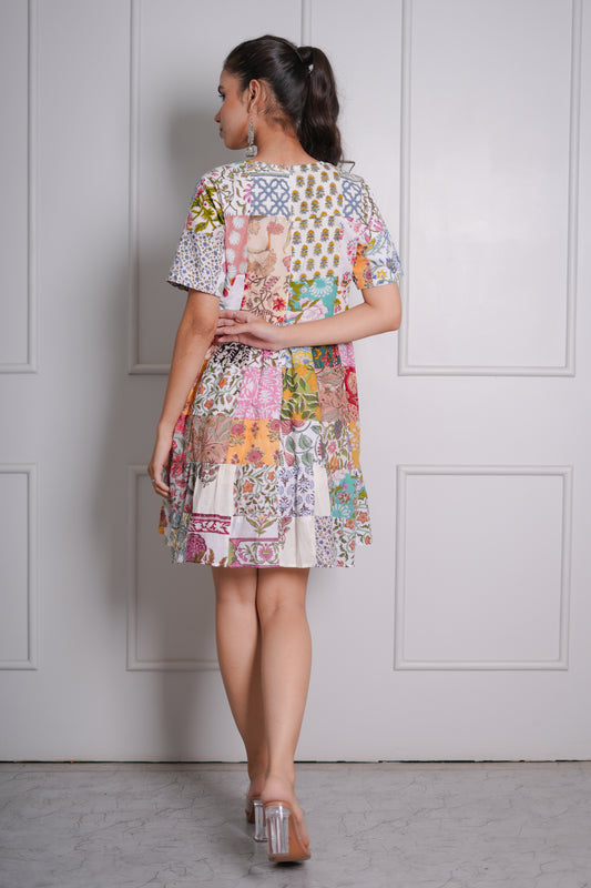 Ravya Hand Block Printed Patch Worked Dress