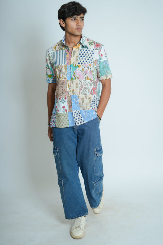 Rudvik Hand Block Printed Patch Work Half Sleeves Shirt