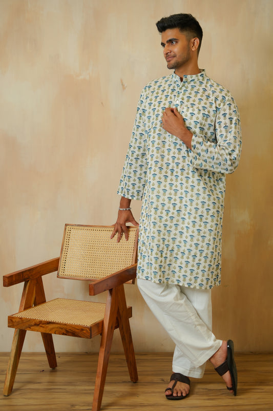 Fringed Tulips Hand Block Printed Buti Kurta Set