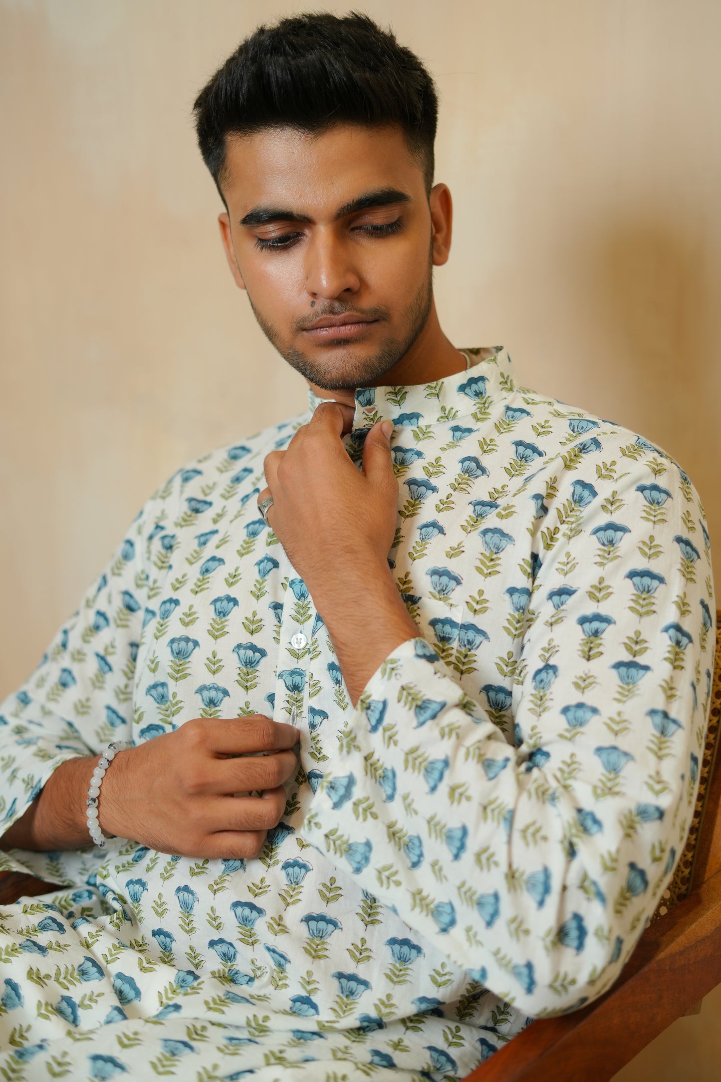 Fringed Tulips Hand Block Printed Buti Kurta Set