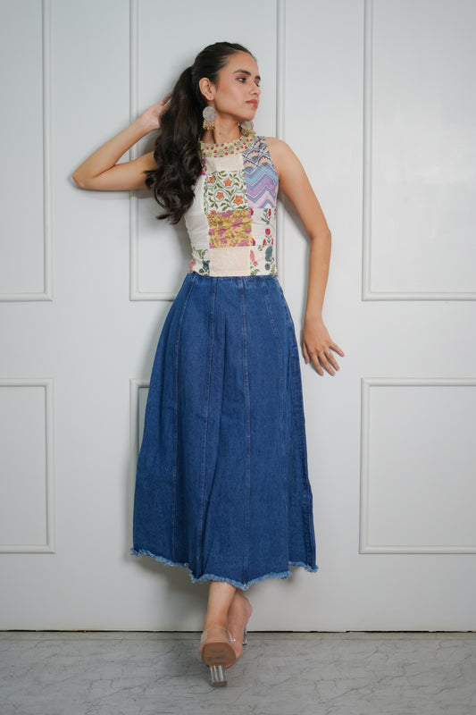 Taran Hand Block Printed Patch Worked Turtleneck Sleeveless Fitted Crop Top