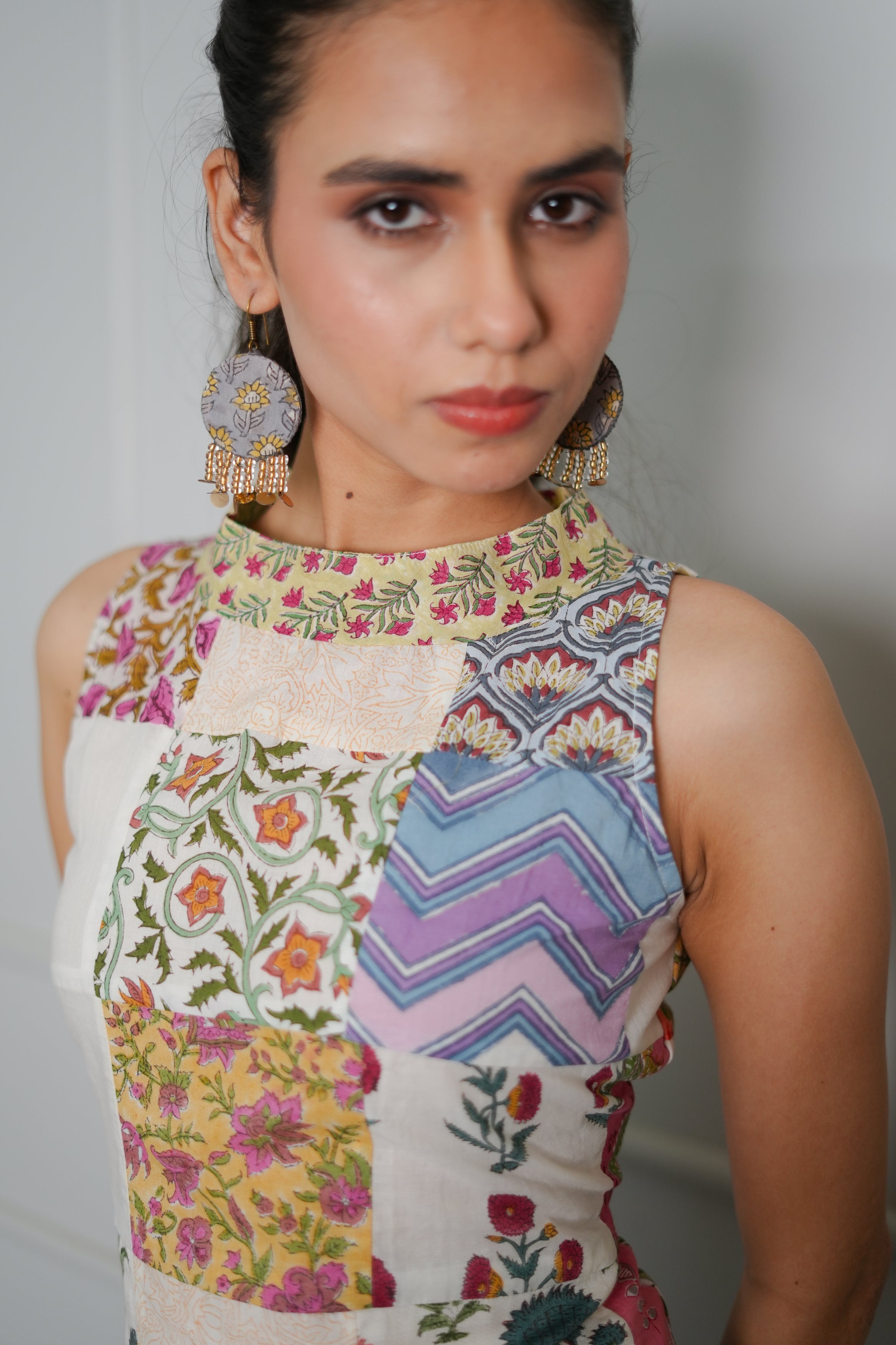 Taran Hand Block Printed Patch Worked Turtleneck Sleeveless Fitted Crop Top